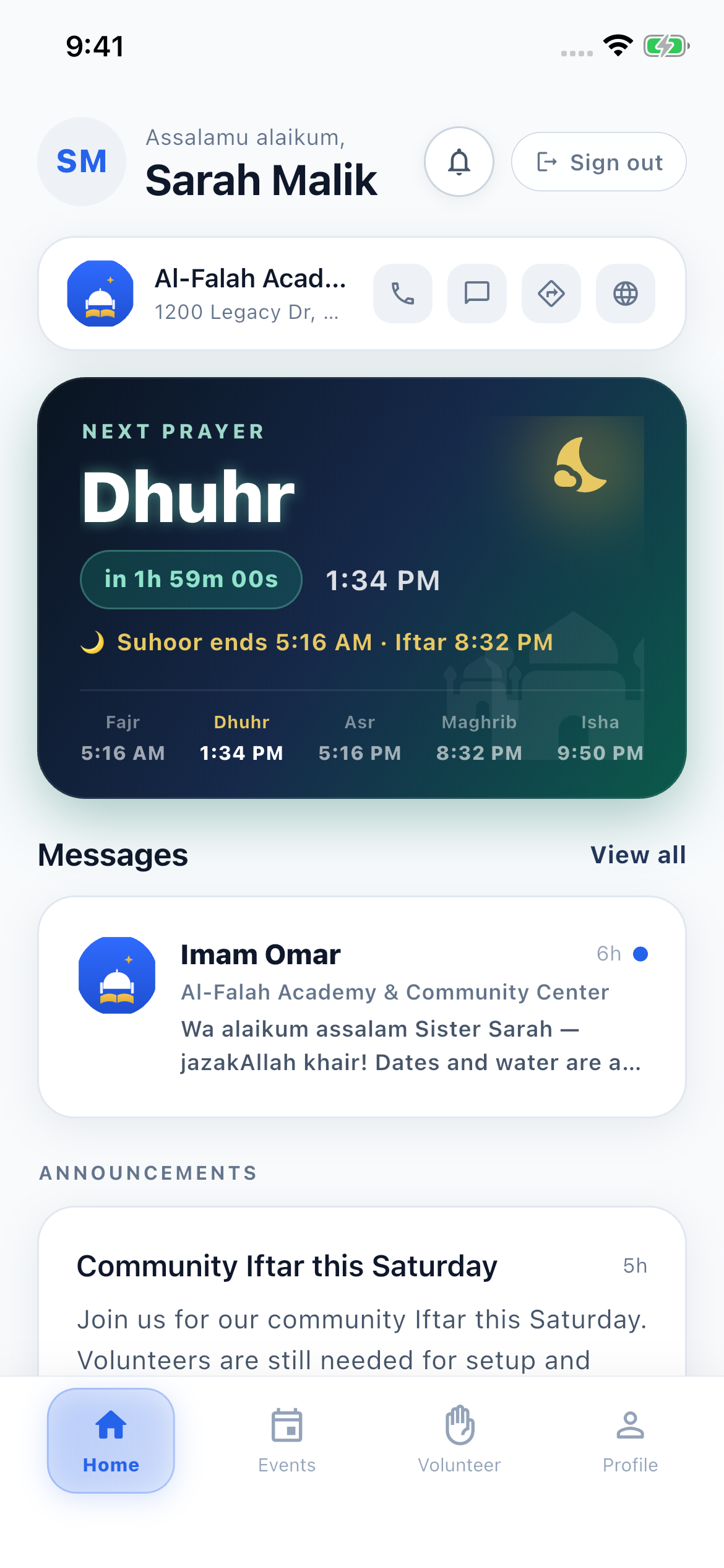 Community home with announcements, events and prayer times