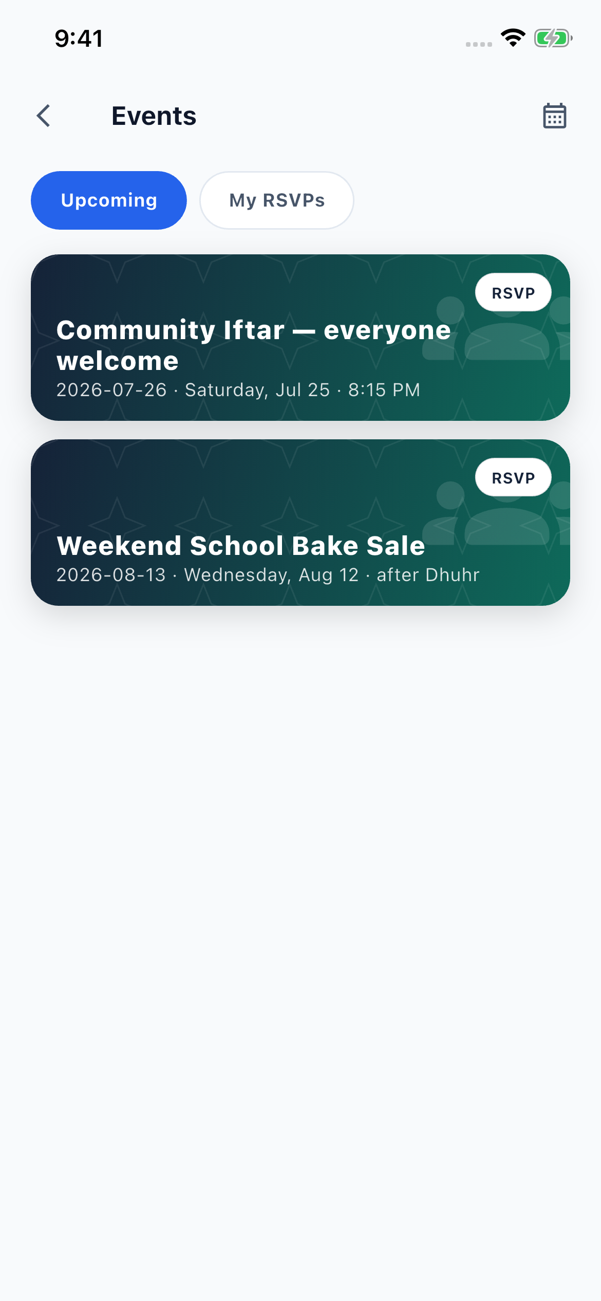 Events list with RSVP