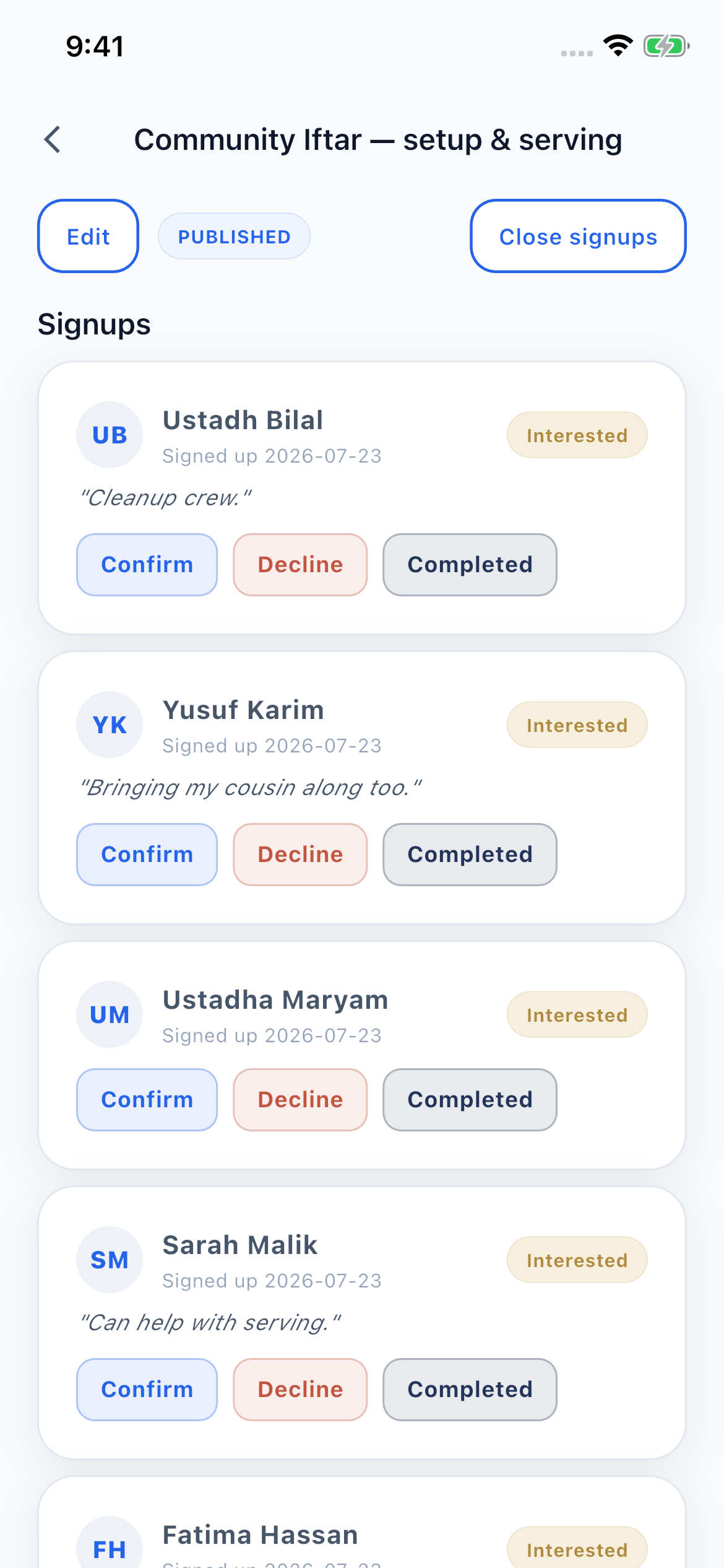 The masjid posting and managing a volunteer need