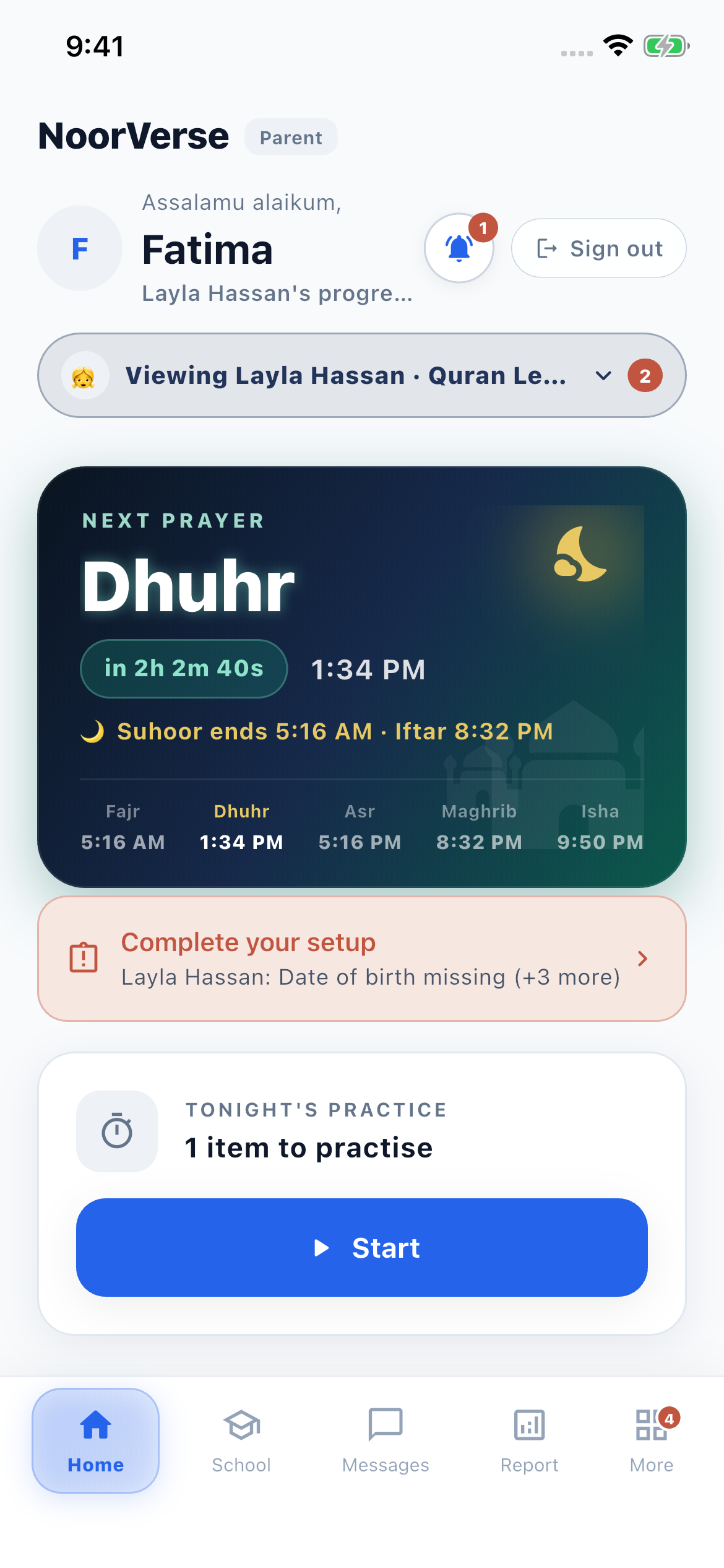 Parent home screen with prayer times and tonight's Quran practice