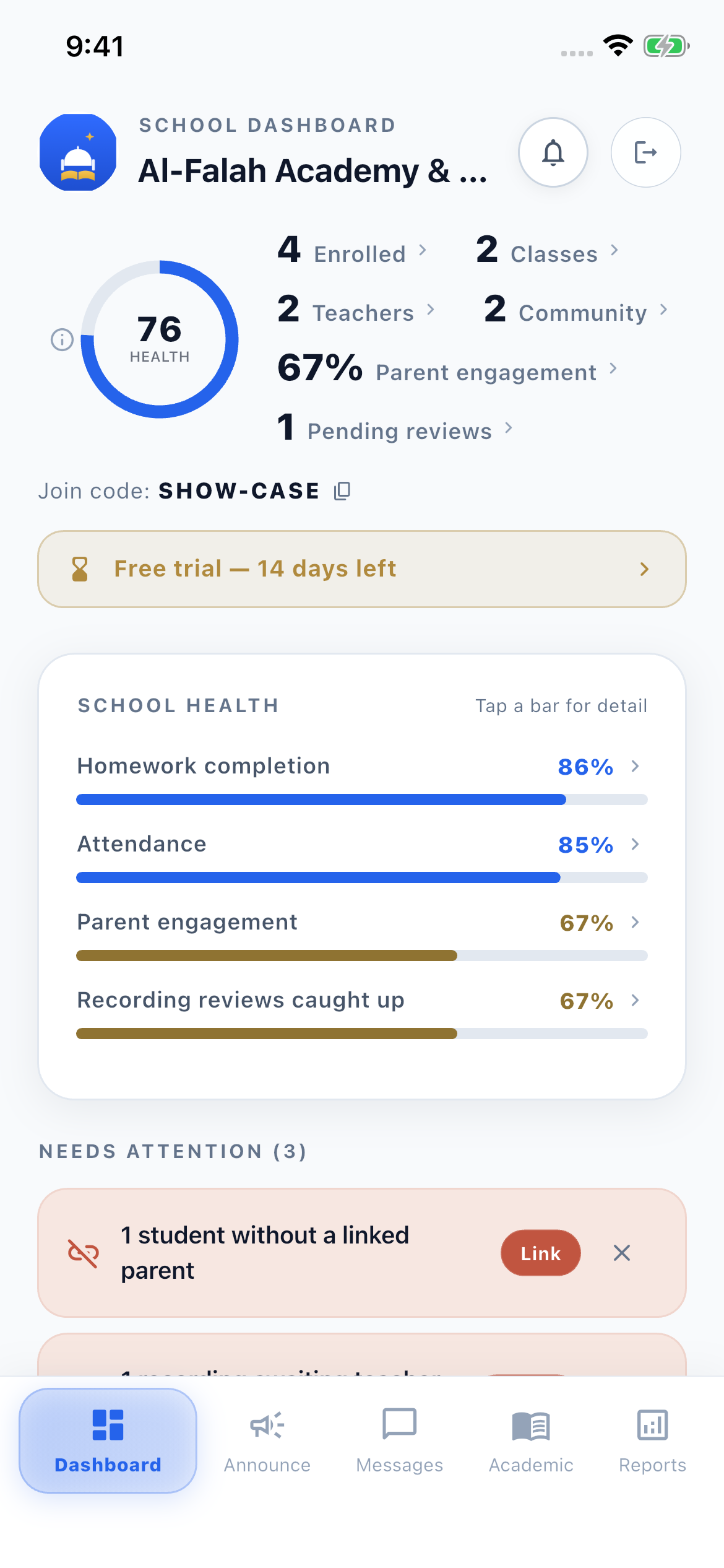 NoorVerse school dashboard showing enrollment, attendance, and homework health