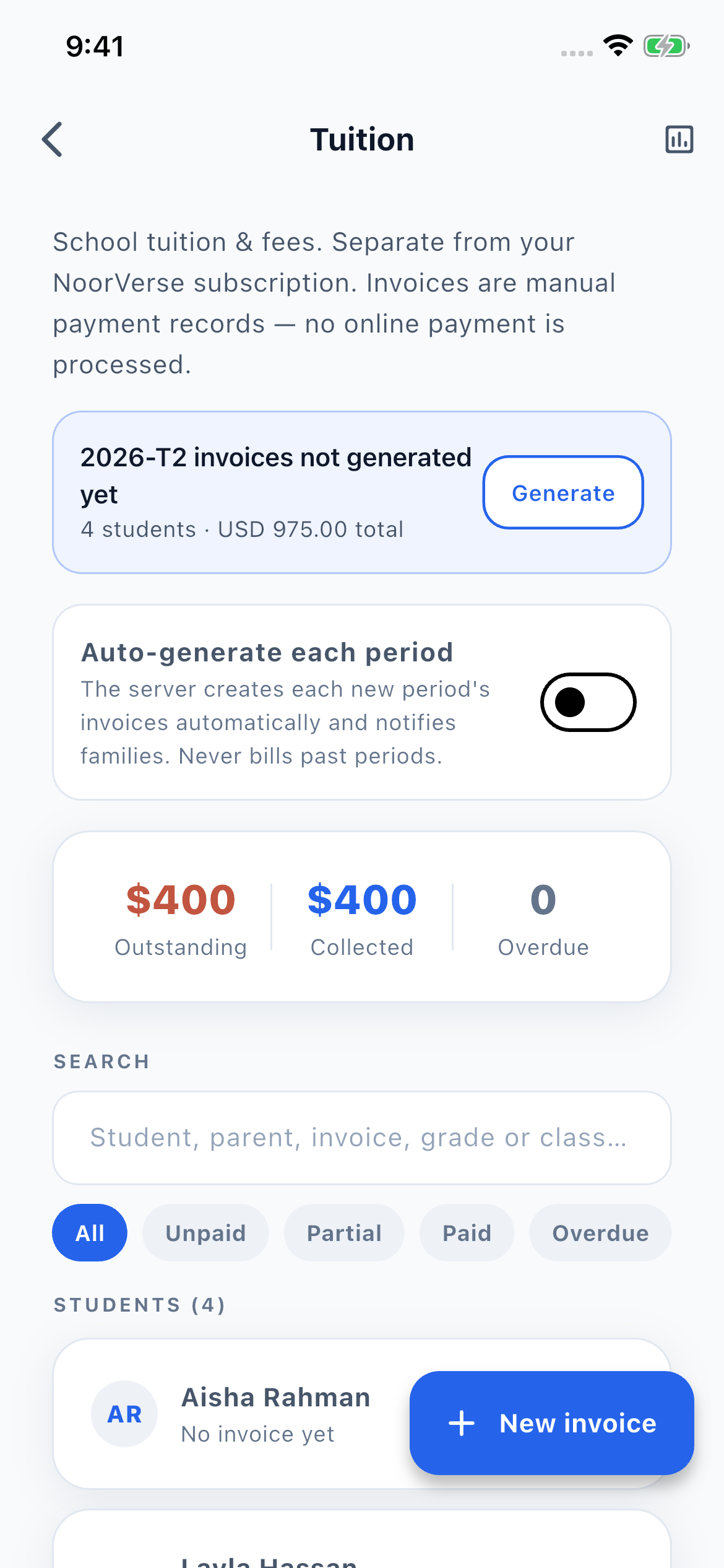 Admin tuition dashboard with invoices